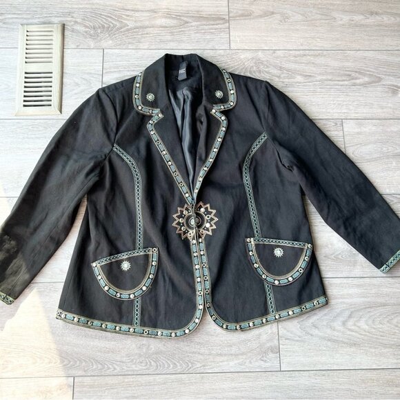 Vintage ANN CARSON Linen Blend Denim Embroidered Sequins  Western Jacket - Picture 4 of 16